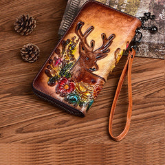 Vintage Reindeer Brown Leather Wristlet Wallet Womens Zip Around Wallets Reindeer Ladies Zipper Clutch Wallet for Women