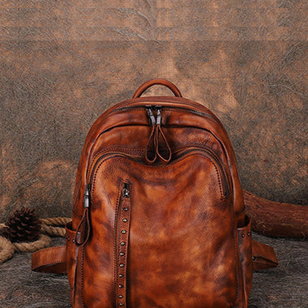Best Brown Leather Rucksack Womens Vintage School Backpack With Rivet Leather Backpack Purse