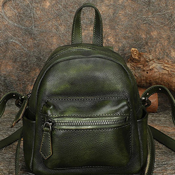 Vintage Green Small Leather Rucksack Womens Mini Leather Backpack Ladies Backpack Purses