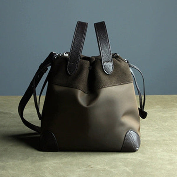 Small Womens Coffee Nylon Leather Bucket Handbag Purse Nylon Leather Barrel Shoulder Bag Handbag Purse for Ladies