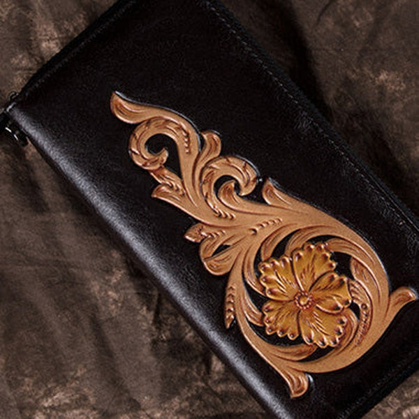 Handmade Floral Black Leather Wristlet Wallet Womens Zip Around Wallets Flowers Ladies Zipper Clutch Wallet for Women