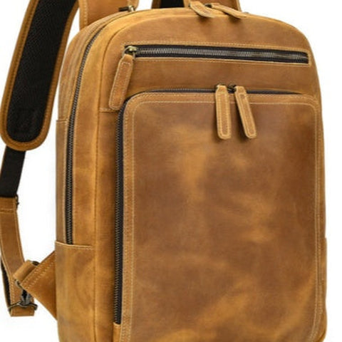 Camel Crazy Horse Leather Backpack Mens Large Tan Leather Backpack for Men