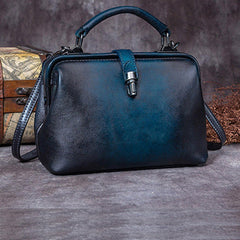 Handmade Dark Blue Leather Handbag Vintage Doctor Bag Shoulder Bag Purse For Women