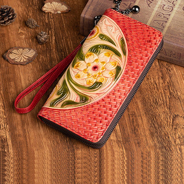 Vintage Floral Red Leather Wristlet Wallet Womens Flower Zip Around Wallets Floral Ladies Zipper Clutch Wallets for Women