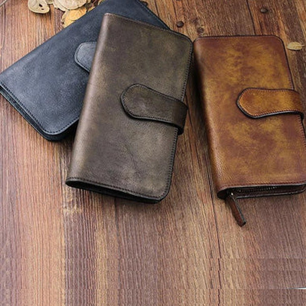 Cool Brown Leather Mens Long Wallet Buckled Long Wallet Trifold Gray Clutch Wallet for Men