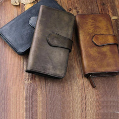 Cool Brown Leather Mens Long Wallet Buckled Long Wallet Trifold Gray Clutch Wallet for Men