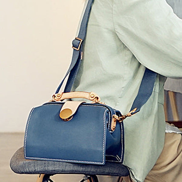 Vintage Womens Blue Leather Doctor Handbags Shoulder Purses Doctor Purse for Women