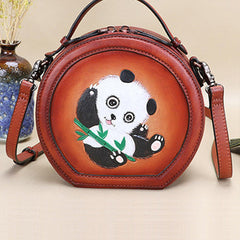 Cutest Women Coffee Leather Round Handbag Panda Crossbody Purse Vintage Round Shoulder Bags for Women