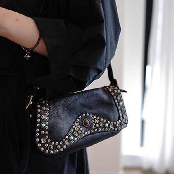 Western Black Womens Rivets Small Shoulder Bag Small Rivets Crossbody Purse for Ladies