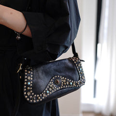 Western Black Womens Rivets Small Shoulder Bag Small Rivets Crossbody Purse for Ladies