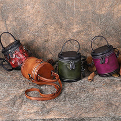 Leather Womens Bucket Handbag Barrel Shoulder Bag Crossbody Purse for Ladies