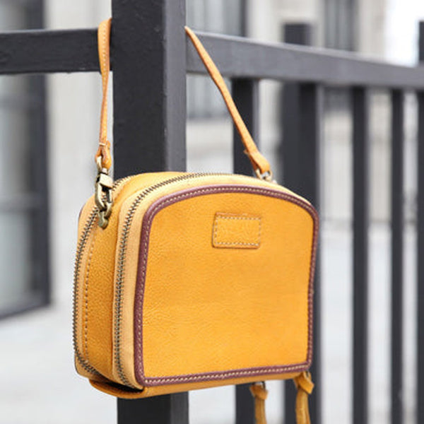 Handmade Women's Yellow Leather Shoulder Clutch Purse Handbag Crossbody Bag Clutch Purse