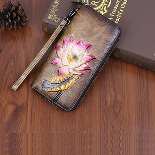 Womens Lotus Flower Brown Leather Wristlet Wallets Zip Around Wallet Flower Ladies Zipper Clutch Wallet for Women