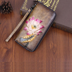 Womens Lotus Flower Brown Leather Wristlet Wallets Zip Around Wallet Flower Ladies Zipper Clutch Wallet for Women
