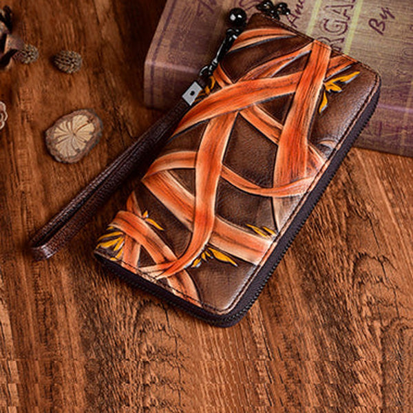 Handmade Bracketplant Brown Leather Wristlet Wallet Womens Zip Around Wallets Flowers Ladies Zipper Clutch Wallet for Women