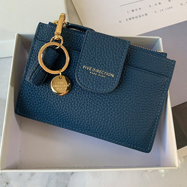 Cute Women Dark Blue Leather Slim Keychain with Card Wallet Card Holder Wallet Change Wallet For Women