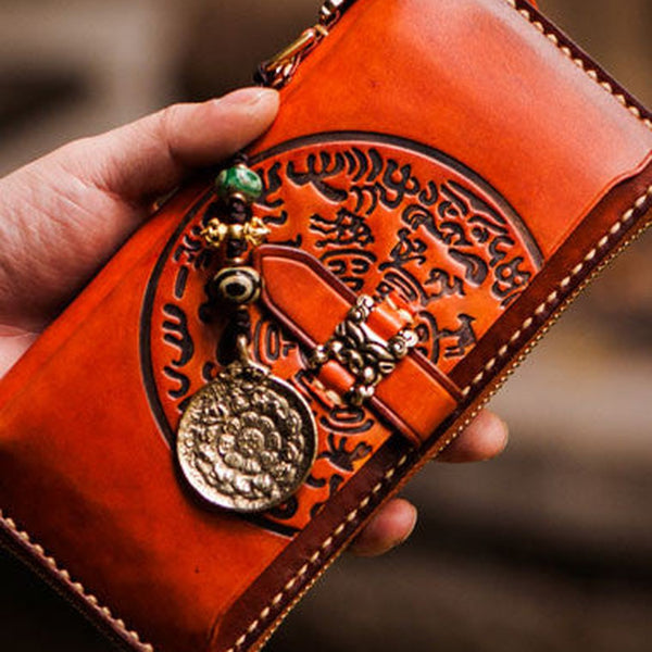 Handmade leather Tibet zipper biker wallet long wallet black leather men phone