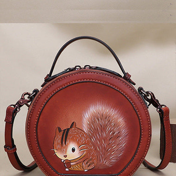 Cutest Women Coffee Leather Round Handbag sSquirrel Crossbody Purse Vintage Round Shoulder Bags for Women