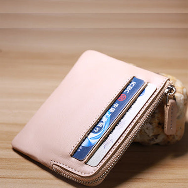Slim Women Beige Leather Card Wallet Minimalist Zip Billfold Card Holder Wallet Coin Wallet For Women