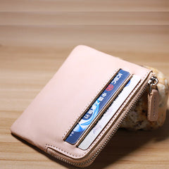 Slim Women Beige Leather Card Wallet Minimalist Zip Billfold Card Holder Wallet Coin Wallet For Women