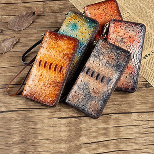 Womens Leather Zip Around Wallets Ostrich Pattern Wristlet Wallets Ladies Zipper Clutch Wallet for Women