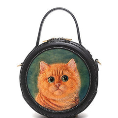 Handmade Womens Black Leather Round Handbag Purse Cat Round Crossbody Bag for Women