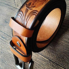 Handmade Genuine Leather Tooled Garden Tulip Mens Leather Men Belt for Men Cool Leather Belt