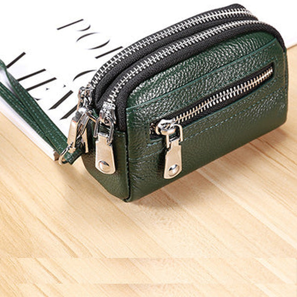 Small Womens Leather Green Double Zip Wallet Mini Wallet with Coin Pocket Zip Wallet for Ladies