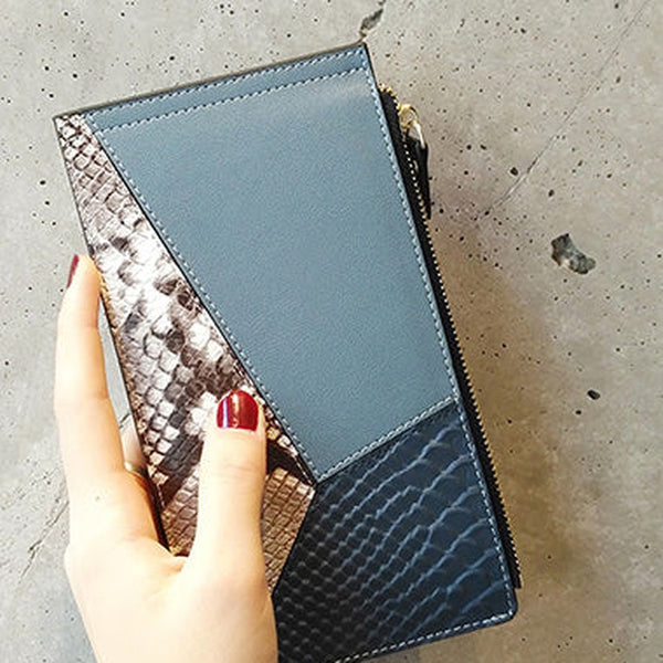 Cute Womens Patchwork Blue Leather Card Wallet Card Clutch Wallet Zip Card Holder Wallet for Women