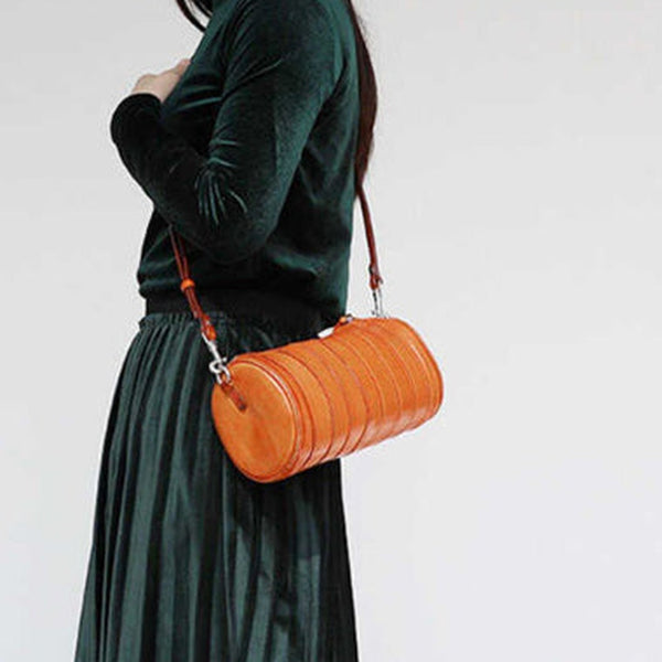 Womens Brown Small Leather Barrel Crossbody Bag Vintage Barrel Shoulder Bag for Ladies