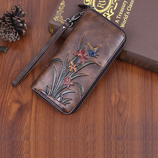 Womens Butterfly&Orchid Flower Coffee Leather Wristlet Wallets Zip Around Wallet Flower Ladies Zipper Clutch Wallet for Women