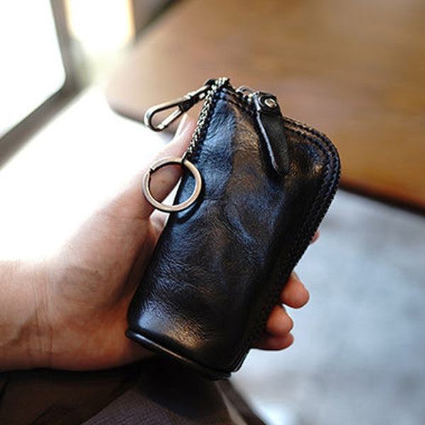 Vintage Women Black Leather Zip Key Wallet Car Key Holder Coin Wallet Coin Pouch Change Wallet For Women