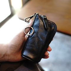 Vintage Women Black Leather Zip Key Wallet Car Key Holder Coin Wallet Coin Pouch Change Wallet For Women