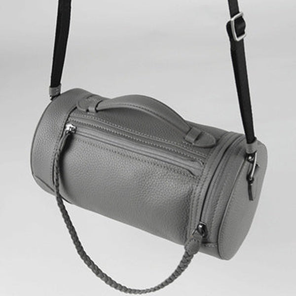Cute Womens Light Gray Leather Bucket Shoulder Purse Barrel Crossbody Bag Purse for Ladies