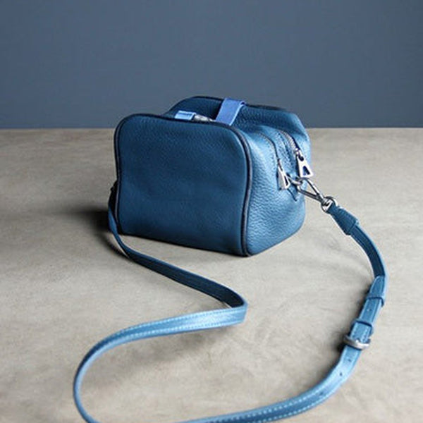 Mini Womens Navy Leather Shoulder Purse Cube Double Zip Leather Crossbody Purse for Ladies
