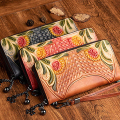 Handmade Leather Wristlet Wallet Womens Floral Zip Around Wallets Flowers Ladies Zipper Clutch Wallet for Women