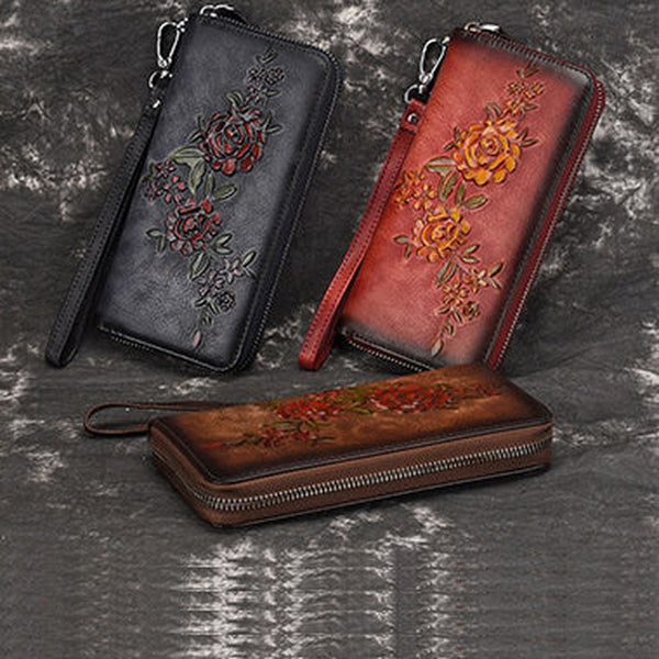 Womens Flowers Leather Zip Around Wallet Wristlet Wallet Floral Ladies Zipper Clutch Wallet for Women