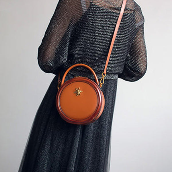 Womens Brown Leather Small Round Handbag Crossbody Purse Round Shoulder Bag for Women