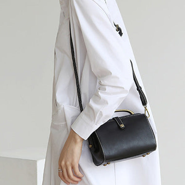 Womens Black Leather Doctor Handbag Purses Classic Black Doctor Crossbody Purse for Women
