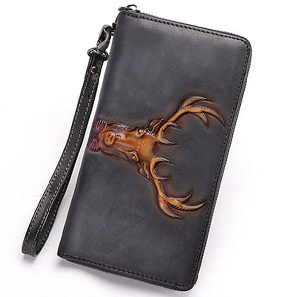 Vintage Reindeer Gray Leather Wristlet Wallets Womens Zip Around Wallet Reindeer Ladies Zipper Clutch Wallets for Women