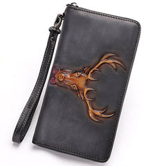 Vintage Reindeer Gray Leather Wristlet Wallets Womens Zip Around Wallet Reindeer Ladies Zipper Clutch Wallets for Women