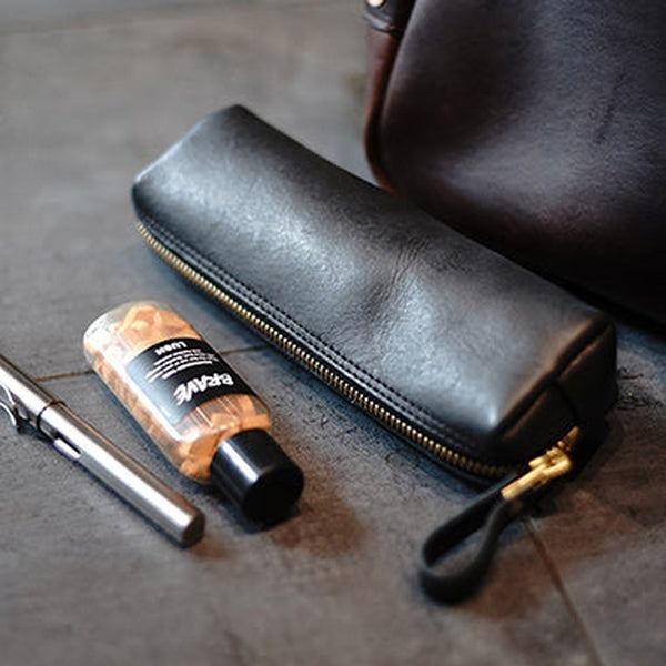 Vintage Women Black Leather Zipper Pencil Pouch Cosmetic Case Makeup Bag Wallet For Women