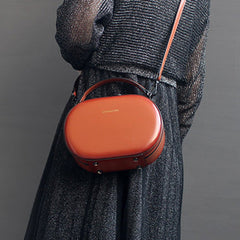Womens Brown Leather Small Round Handbag Purse Round Crossbody Bag Shoulder Bag for Women