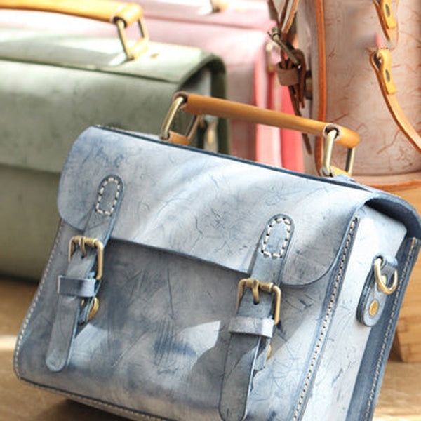 Womens Blue Leather Small Satchel Shoulder Bag Waxed Leather Cambridge Small Satchel Handbag Purse for Women