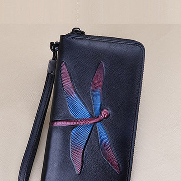 Dragonfly Gray Leather Wristlet Wallets Womens Zip Around Wallet Ladies Zipper Clutch Wallets for Women