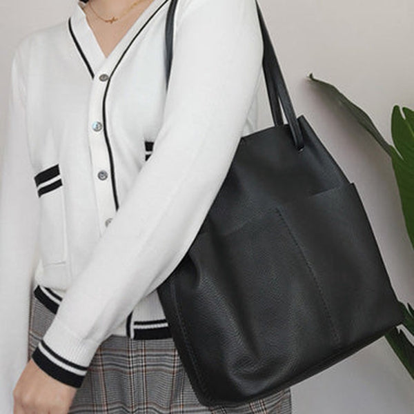 Fashion Womens Black Leather Tote Bag Vertical Brown Shoulder Tote Bag Bucket Tote For Women