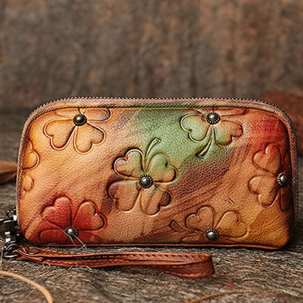 Handmade Clover Colorful Brown Leather Wristlet Wallets Womens Zip Around Wallet Ladies Cute Clutch Wallet for Women