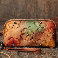 Handmade Clover Colorful Brown Leather Wristlet Wallets Womens Zip Around Wallet Ladies Cute Clutch Wallet for Women