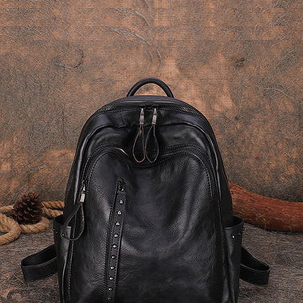 Best Black Gray Leather Rucksack Womens Vintage School Backpack With Rivet Leather Backpack Purse