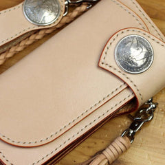 Handmade Biker Wallet beige Leather Biker Wallet with Chain Bifold Long Wallet for Men